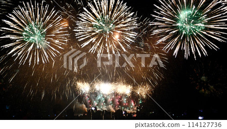 Green Firework celebrate anniversary happy new year 2024, 4th of july holiday festival. Green firework in night time celebrate national holiday. Countdown to new year 2024 festival party time event 114127736