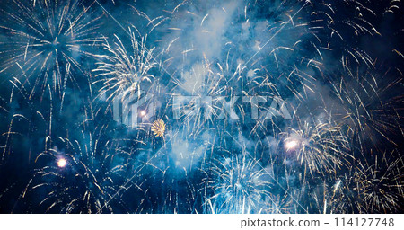 blue Firework celebrate anniversary happy new year 2024, 4th of july holiday festival. blue firework in night time celebrate national holiday. Countdown to new year 2023 festival party time event blue Firework celebrate anniversary happy new year 2024, 4th of july holiday festival. blue firework in night time celebrate national holiday. Countdown to new year 2023 festival party time event 114127748