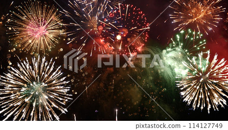 Colorful vibrant Firework celebrate anniversary happy new year 2024, 4th of july holiday festival. colorful firework in night time to celebrate national holiday. countdown new year party background 114127749