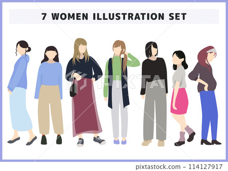 Stylish and simple female adult character model illustration set 114127917