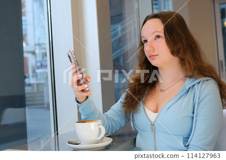 Happy cheerful young woman wearing her red hair in bun rejoicing at positive news or birthday gift, looking at camera with joyful and charming smile. Ginger student girl relaxing indoors after college 114127963