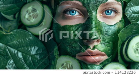 Beautiful Woman with Cucumber Mask, Refreshing Beauty Routine, AI Created 114128226