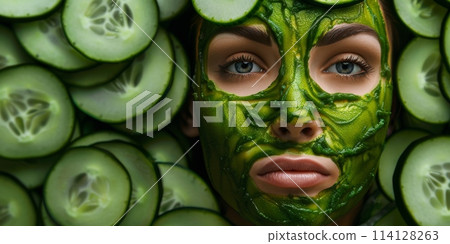 Beautiful Woman with Cucumber Mask, Refreshing Beauty Routine, AI Created 114128263
