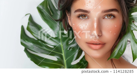 Fashion Portrait with Tropical Leaf, Dewy Skin, Studio Setting, AI Created Fashion Portrait with Tropical Leaf, Dewy Skin, Studio Setting, AI Created 114128285