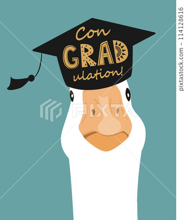 Funny graduate goose character in graduation hat with ConGradulation lettering. Geese wearing in grad cap. Vector isolated illustration. 114128616