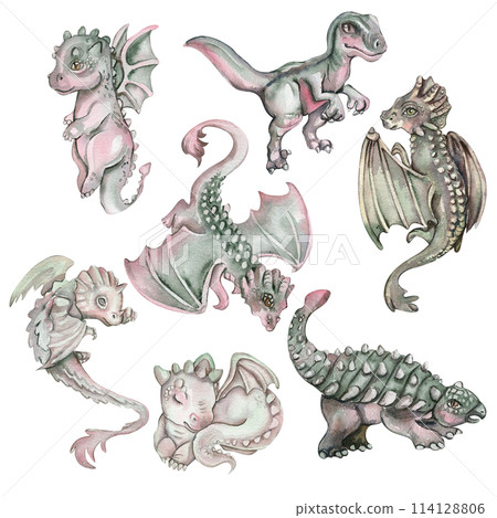 Watercolor hand drawn tropical dinosaurs set, Cute dinosaurs. Dino illustration perfect for design, wallpaper, scrapbooking, invitation, wedding, greetings card. Isolated without background. Watercolor hand drawn tropical dinosaurs set, Cute dinosaurs. Dino illustration perfect for design, wallpaper, scrapbooking, invitation, wedding, greetings card. Isolated without background. 114128806