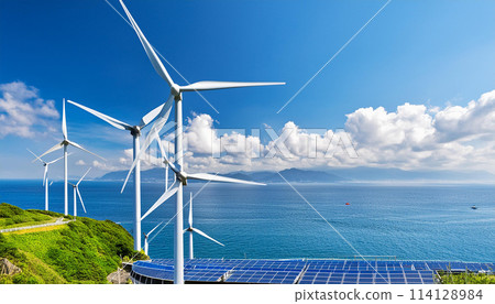 Solar panels and wind turbines lined up on the sea 114128984