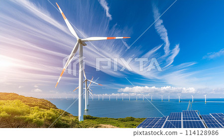 太陽能板和風車排列在海上 太陽能板和風車排列在海上 114128986