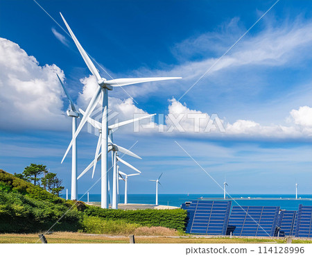 Solar panels and wind turbines lined up on the sea 114128996