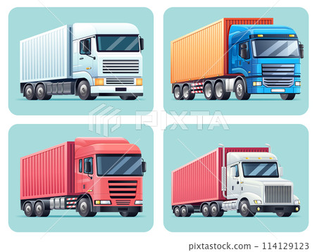 Trucks with trailers transport color set vector illustration 114129123