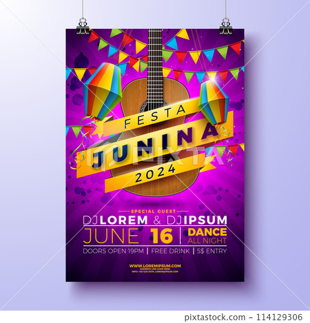 Festa Junina Party Flyer Design with Guitar, Party Flags, Paper Lantern and Typography Lettering on Purple Background. Vector Brazil June Festival Illustration for Celebration Poster or Holiday 114129306