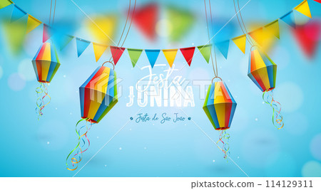 Festa Junina Illustration with Colorful Party Flags and Paper Lantern on Sky Blue Background. Vector Brazil June Traditional Saint John Holiday Festival Design for Celebration Banner, Greeting Card Festa Junina Illustration with Colorful Party Flags and Paper Lantern on Sky Blue Background. Vector Brazil June Traditional Saint John Holiday Festival Design for Celebration Banner, Greeting Card 114129311