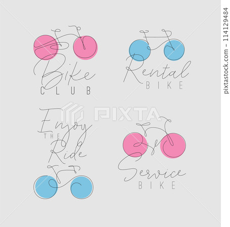 Bike linear icons with lettering beige Bike linear icons with lettering beige 114129484