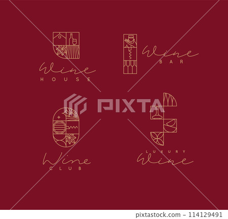Wine art deco branding labels with lettering red bg Wine art deco branding labels with lettering red bg 114129491