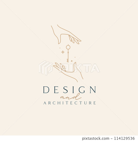 Hand with key label Hand with key label 114129536