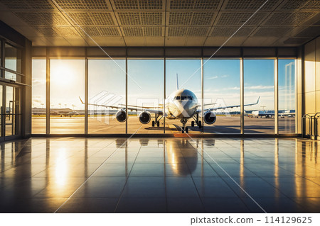 從室內落地窗看到在停機坪的客機 從室內落地窗看到在停機坪的客機 114129625