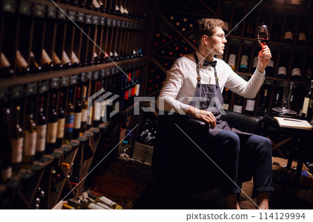 Cavist at wine store, sommelier at restaurant, wine critic. Wine Degustation. Cavist at wine store, sommelier at restaurant, wine critic. Wine Degustation. 114129994