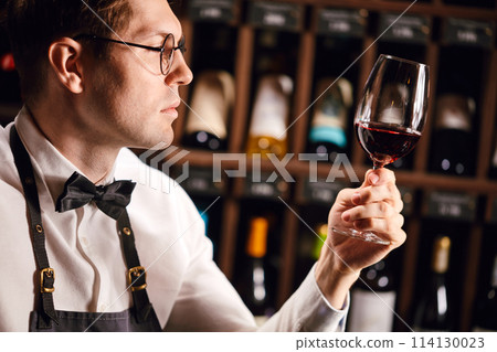Wine expert holds a glass of wine, looks at tint and smells flavor, degustating Wine expert holds a glass of wine, looks at tint and smells flavor, degustating 114130023