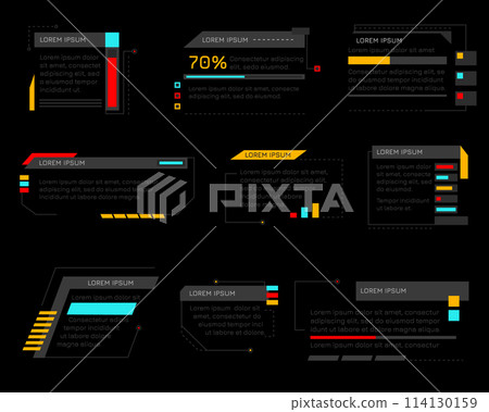 Hud callout titles. Futuristic text boxes, digital callouts bar labels. Digital futuristic infochart for visualization objects. Interface elements HUD, UI, GUI. Hud callout titles. Futuristic text boxes, digital callouts bar labels. Digital futuristic infochart for visualization objects. Interface elements HUD, UI, GUI. 114130159