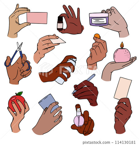 Set of Colorful Hands holding stuff. Different operations and gestures. Miscellaneous gestures, signs and symbols. Hand drawn Vector illustration EPS10. 114130181