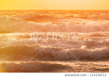 Evening sunset above sea. Riplpe sea ocean water surface with small waves. Sea water foam splashing. Beautiful nature seascape 114130212