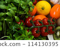 background of fresh vegetables and fruits 114130395