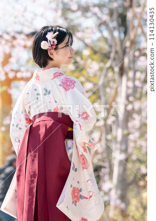 畢業典禮前，一位年輕女子走過櫻花叢 114130435