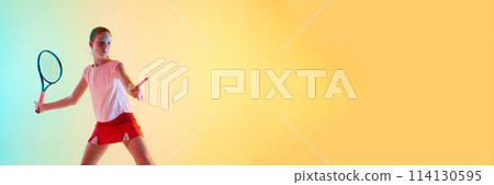 Banner. Athlete teenage girl playing tennis in comfortable uniform in neon light against blue-yellow background with negative space to insert text. 114130595