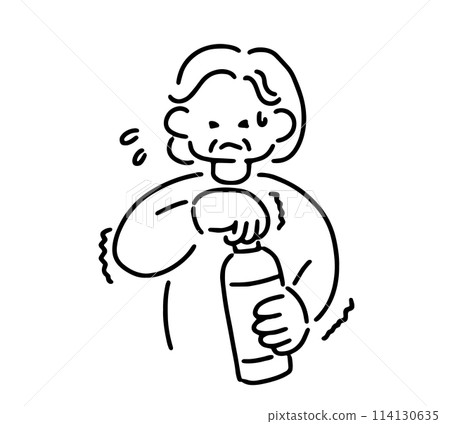 Illustration of a senior woman who cannot open a plastic bottle 114130635