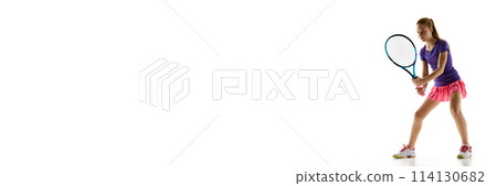 Banner. Young athletic teenage girl stand ready to start tennis game against white studio background with negative space to insert text. Banner. Young athletic teenage girl stand ready to start tennis game against white studio background with negative space to insert text. 114130682