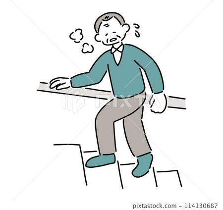 Illustration of a senior man getting out of breath on the stairs 114130687