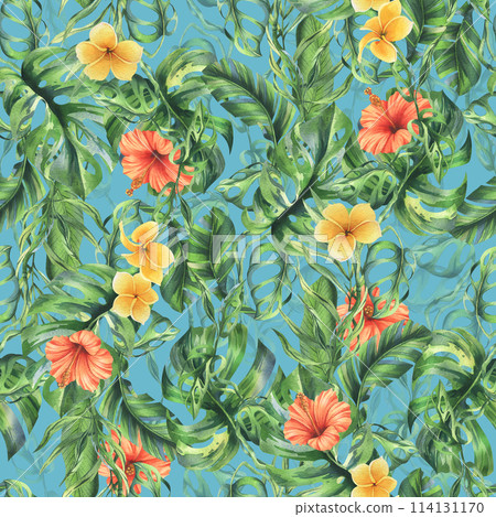 Tropical palm leaves, monstera and flowers of plumeria, hibiscus, bright juicy. Hand drawn watercolor botanical illustration. Seamless pattern on a blue background. 114131170