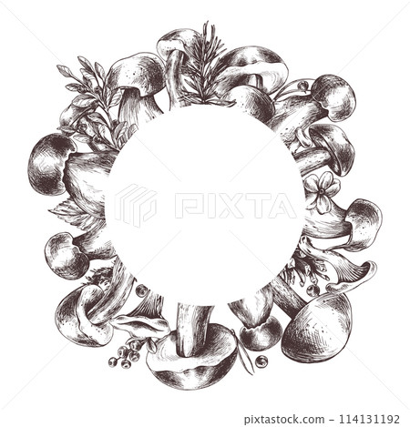 Edible forest mushrooms, boletus, chanterelles, with blueberries and lingonberries, leaves, fir and cones. Graphic illustration, hand drawn with brown ink, line art. Round frame, wreath, template Edible forest mushrooms, boletus, chanterelles, with blueberries and lingonberries, leaves, fir and cones. Graphic illustration, hand drawn with brown ink, line art. Round frame, wreath, template 114131192