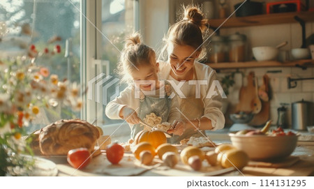 Mother and children cooking a festive breakfast together. Family bond and Mothers Day. AI Generated Mother and children cooking a festive breakfast together. Family bond and Mothers Day. AI Generated 114131295