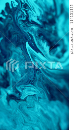 Acrylic liquid. Paint fluid drip. Defocused blue color emulsion dust particles ink swirl texture pigment emulsion mix wave abstract art background. 114131335