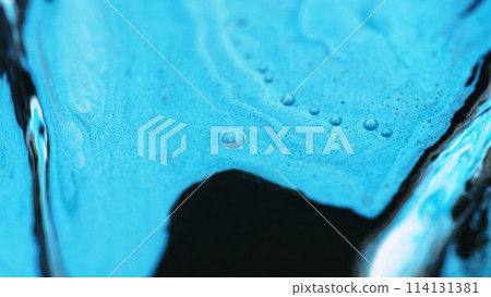 Ink emulsion. Shimmer flow mix. Defocused blue black color drip oil paint wet gloss glitter liquid blend wave motion abstract art background. 114131381