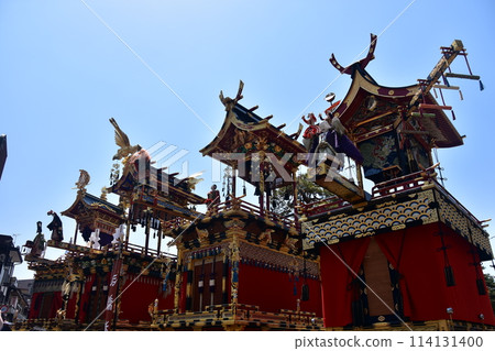 Takayama City, Gifu Prefecture, Japan - A full lineup of floats at the Takayama Festival held in 2017 - the first competition between spring and autumn festival floats in 55 years 114131400
