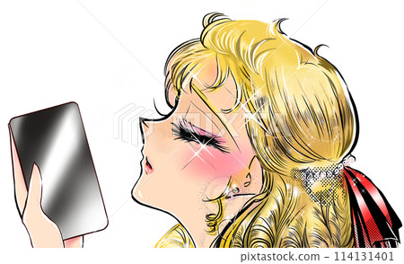 A 70s manga-style illustration of a young lady with blonde hair and vertical curls waiting seriously for a reply A 70s manga-style illustration of a young lady with blonde hair and vertical curls waiting seriously for a reply 114131401