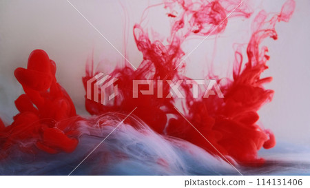 Color smoke flow. Paint water mix. Bright red acryl ink swirl liquid steam cloud spiral motion on defocused white abstract art background. Color smoke flow. Paint water mix. Bright red acryl ink swirl liquid steam cloud spiral motion on defocused white abstract art background. 114131406