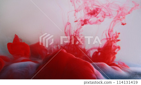 Ink cloud flow. Smoke paint. Bright red blood crimson color water fluid haze wave motion on defocused white abstract art background. 114131419
