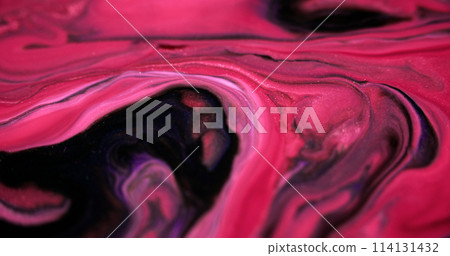 Paint swirl. Shiny fluid mix. Defocused pink black color shimmering glitter particles acrylic ink emulsion pigment liquid spill layers abstract art background. 114131432