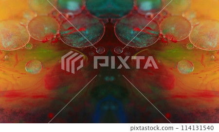 Gel bubbles. Sparkling fluid. Blur red orange blue color shiny particles vapor texture ink water mix symmetrical ornament abstract art background. 114131540