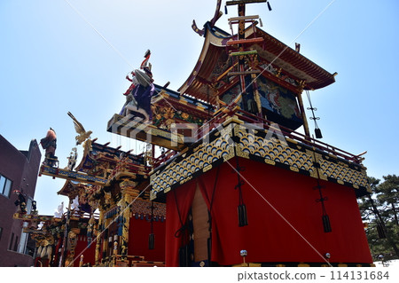 Takayama City, Gifu Prefecture, Japan - A full lineup of floats at the Takayama Festival held in 2017 - the first competition between spring and autumn festival floats in 55 years Takayama City, Gifu Prefecture, Japan - A full lineup of floats at the Takayama Festival held in 2017 - the first competition between spring and autumn festival floats in 55 years 114131684