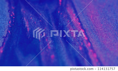Sparkling ink spill. Paint flow. Defocused neon blue pink color shimmering particles texture acrylic fluid blend wave abstract art background. 114131757