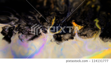 Paint splash. Glitter liquid spill. Defocused black white color holographic shimmering gold particles emulsion fluid pigment leak abstract art background. 114131777