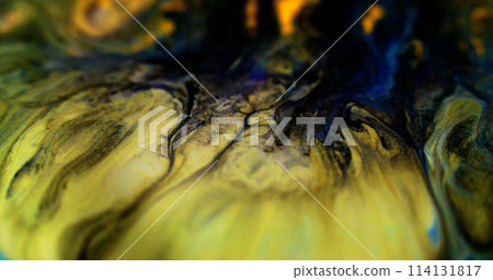 Ink spill. Glitter liquid texture. Defocused black blue yellow color metallic shiny golden dust particles paint drip emulsion leak abstract art background. 114131817