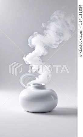 Vertical white background with white smoke from a white bowl. Minimalist style, monochrome 114131884