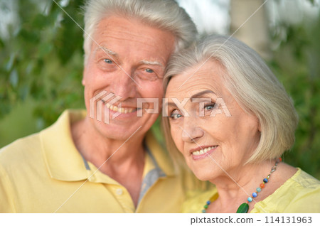 Beautiful senior couple posing and hugging in the park Beautiful senior couple posing and hugging in the park 114131963