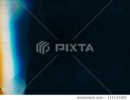 Damaged display. Broken glass. Dust scratch texture. Blue orange white black rainbow color glow glitch distortion crushed aged effect illustration abstract background. 114131985