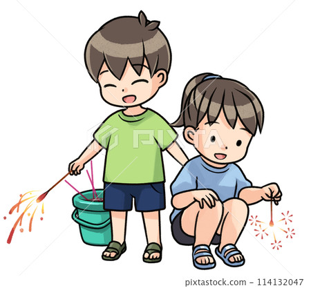 Children playing with hand-held fireworks Children playing with hand-held fireworks 114132047